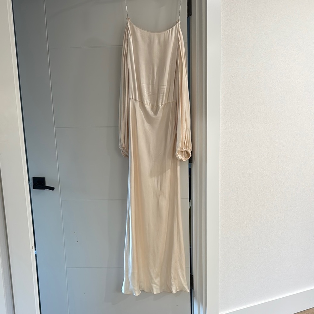 Elegant Cream Satin Slip Dress with Long Bishop Sleeves